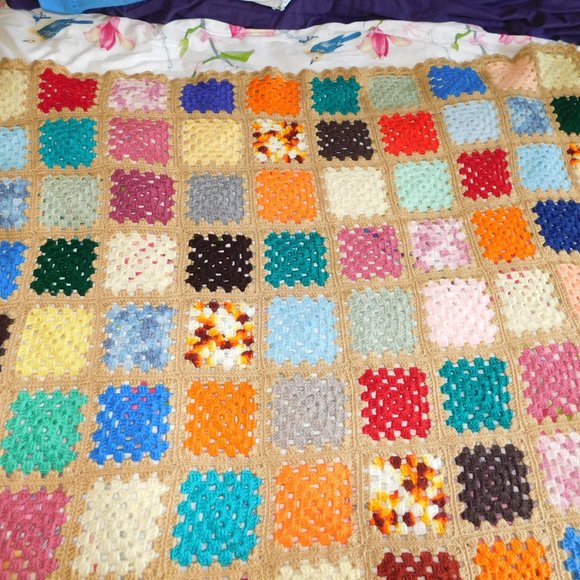 VTG Hand Crochet Knit Multi Colour Granny Square 48" x 58" Afghan Throw Blanket - Picture 5 of 8
